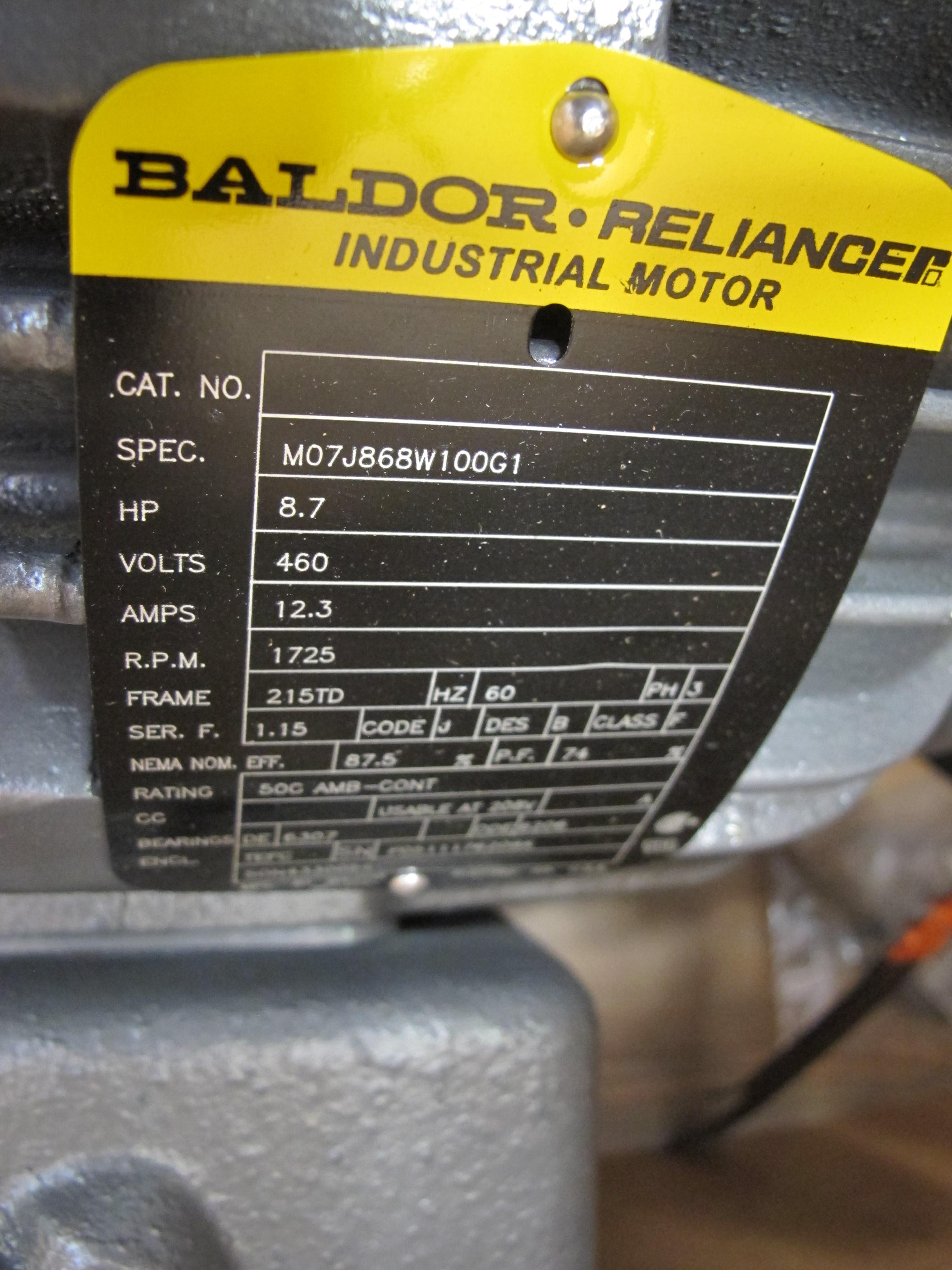 MOTOR, ELECTRIC TYPE, 8.7 HORSEPOWER, 460VAC ELEC RATING, 1725 RPM, INSULATION CLASS F, 215TD FRAME, 12.3 AMPS, TEFC, CAST IRON FRAME ENCLOSURE, CONTINUOUS DUTY, 1.15 SERVICE FACTOR, 1-3/8" SHAFT. DYNAMIC SOLUTIONS DRAWING SON43300540 REV H. SEE ATTACHMENT IN SERVICE FOR OBJECTS FOR: 1/8" THICK NEOPRENE GASKETS - JUNCTION BOX TO FRAME, JUNCTION BOX CENTER. ADD A NEOPRENE SLINGER A, PART # SON43300540 (MOD 1) (W-44) LOADING & HANDLING FEE $15-